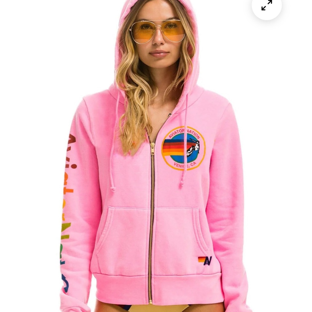 Aviator Nation Pink Zip Hoodie with Rainbow Logo - Picture 9 of 9